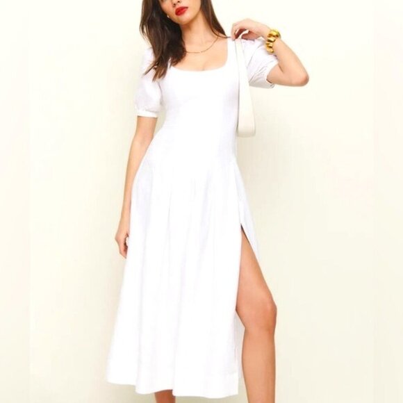 NEW Reformation Coucou Midi Linen Dress Puff Sleeves White | size 2 - Picture 2 of 12